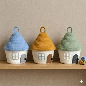 Gros plan du panier de rangement en corde de coton en forme de jolie maison avec couvercle.