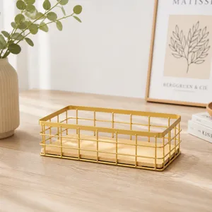 Gold wire storage basket with wooden base, metal desktop organizer for cosmetics and sundries.