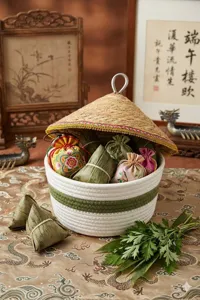Cotton rope woven storage basket with straw lid, decorative festival gift box for home.