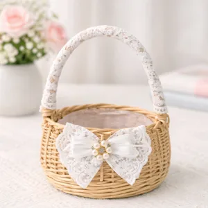 Close-up view of a woven flower basket detail featuring lace handle and pearl bow decor.