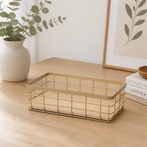 Nordic gold metal wire storage basket with wooden base, elegant desktop organizer.