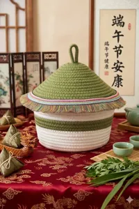 Cotton rope woven storage basket with festive fringe lid. Ideal for home organization.