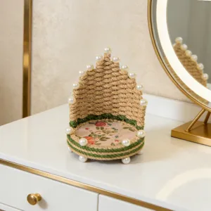 Soporte de teléfono de cuerda de yute perla retro mini trono decoración de escritorio
