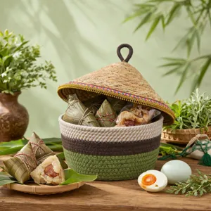 Detailed view of woven storage basket with straw lid, natural material, perfect for gifts.