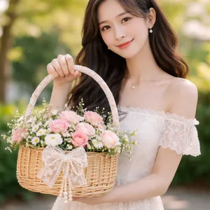Woven flower basket pastoral wicker handle basket for picnic photo props and floral arrangement
