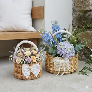 Pastoral woven flower basket featuring delicate lace bows and artificial floral arrangements.