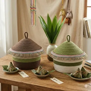 Woven cotton rope storage basket with lid, handmade gift basket for festival packaging storage.