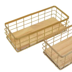 Nordic style gold iron wire storage basket with wooden base for desktop organization main view