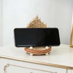 Soporte para teléfono de cuerda de cáñamo hecho a mano con decoración de perlas escritorio.