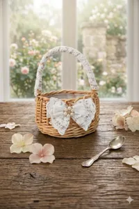 Pastoral woven flower basket with lace handle and bow, perfect for wedding or home decor.