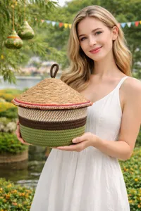 Woven storage basket with conical lid, cotton rope and straw design for home decor and gifts.