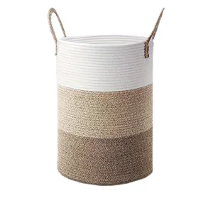 Panier a linge en corde de coton, corbeille de rangement tisee avec poignees solides