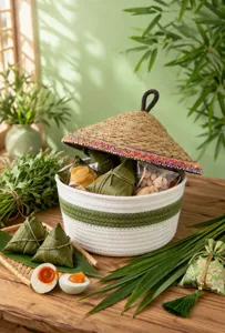 Handmade cotton rope woven storage basket detail scene with natural straw lid for festival gifts.