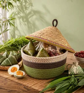 Handcrafted cotton woven storage basket with conical straw lid, perfect for gift packaging and home.