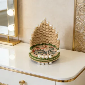 Soporte de teléfono de cuerda de cáñamo hecho a mano estilo europeo adorno de perlas.