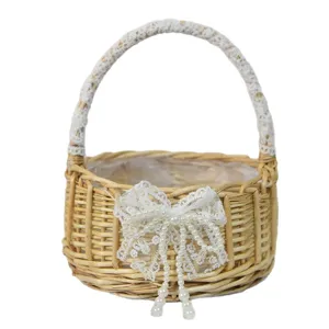 Rattan Wicker Flower Basket with Lace Pearl Bow Handmade Pastoral Picnic Storage Basket Main