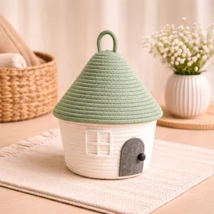 Panier de rangement en corde de coton avec couvercle de maison mignon pour bureau et decoration