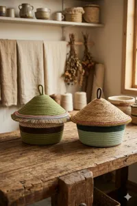 Handwoven cotton rope storage basket with lid, decorative fringe, rustic home decor.