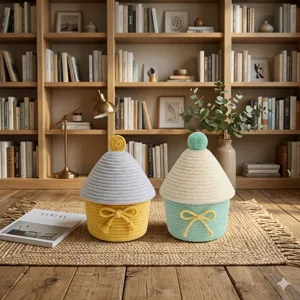 Panier de rangement tisse en corde de coton avec couvercle design de noeud mignon bureau.