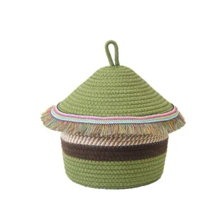 Cotton rope woven storage basket with lid, colorful tassel fringe, multi-color decorative stripes.