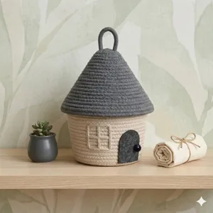 Panier de rangement tissé en corde de coton mignon forme de maison organisateur de bureau