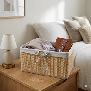 Cesta tejida detalle con forro de tela y lazo, ideal para la organización de escritorio.