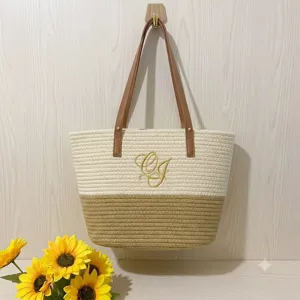 Handmade cotton woven tote bag, stylish two-tone shoulder bag for beach and daily vacation.