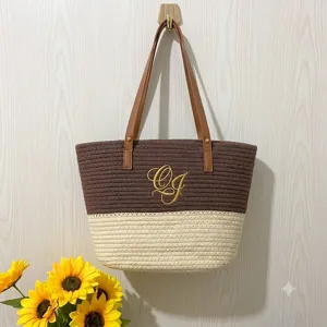 Handmade woven straw tote bag cotton rope shoulder handbag for women beach vacation