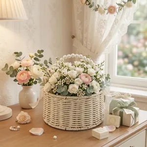 Wicker flower basket with pearl handle, elegant woven wedding gift basket for floral arrangement decor.