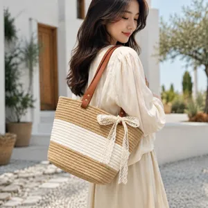 Sac à Main Femme Tressé Paille Grande Capacité Casual Plage Tote Bag Avec Joli Nœud Dentelle