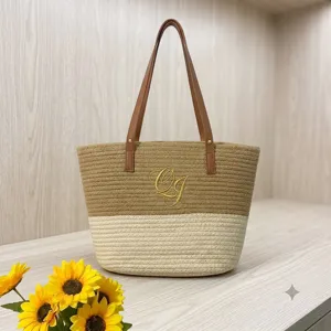 Woven tote bag, handmade cotton rope shoulder bag, casual beach handbag with leather handles.