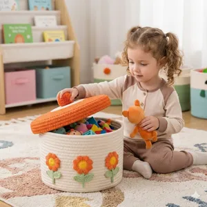 Geflochtener Aufbewahrungskorb Aus Baumwolle Mit Deckel Desktop Make-up Organizer Blumenstickerei Schleife Dekorative Box