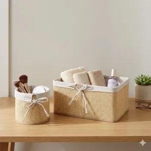 Set de cestas de almacenamiento tejidas estilo pastoral organizador de escritorio cosmeticos