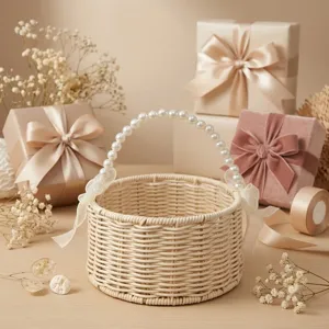 Woven basket detail with elegant pearl handle and organza bow for wedding gift and home decor.