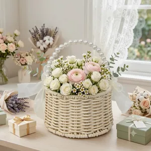 Woven flower basket with elegant pearl handle and white ribbon bow for wedding party decor.