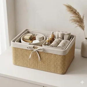 Primer plano de la cesta de almacenamiento tejida con forro de tela y accesorios de escritorio.