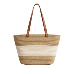 Sac cabas tressé pour femme, élégant sac bandoulière en paille rayée idéal pour plage et travail.