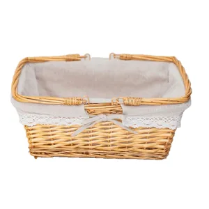 Handgefertigter Weiden-Picknickkorb mit Stoffeinsatz und Doppelgriffen für Obst und Geschenke