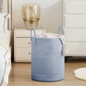 Nordic blue cotton rope laundry basket with handles for clothes, toys, and home storage.