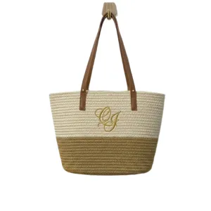 Nordic handmade woven straw tote bag, casual cotton knit shoulder bag for summer beach use.