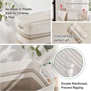 Panier de rangement en corde de coton avec poignées, corbeille tissée durable pour la maison.
