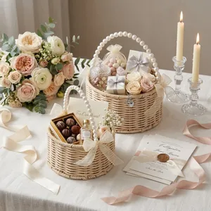Woven wedding gift basket with pearl handle and ribbon bow, perfect for floral and party favors.