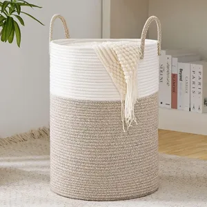 Detailed view of the Nordic cotton rope laundry basket with chic two-tone design and handles.