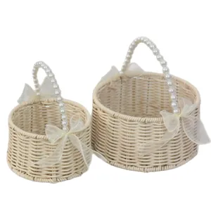 Imitation Rattan Woven Gift Basket Pearl Handle Wedding Flower Basket Picnic Fruit Packaging