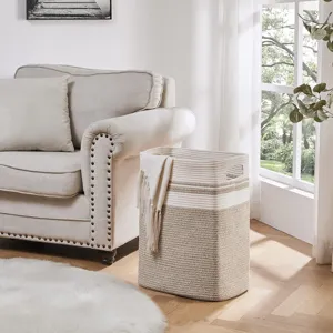 Panier de rangement en corde de coton pour salon, corbeille a linge chic avec poignees.