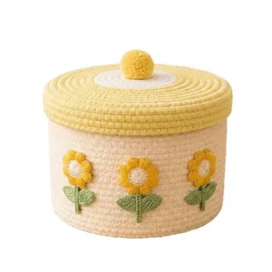 Süßer Baumwollseil-Aufbewahrungskorb mit Deckel, Sonnenblumen-Stickerei für den Schreibtisch.