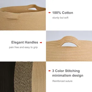 Détail de panier de rangement en corde de coton avec matériau doux et poignées élégantes.