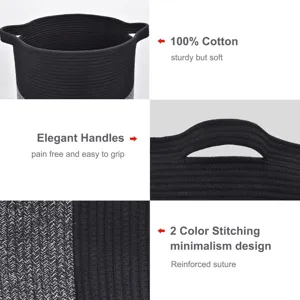 Vue détail panier de rangement en corde coton, couture bicolore noir gris, poignées.