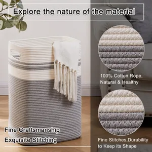 Panier à linge en corde de coton tissé avec élégantes rayures gris et blanc pour la maison.