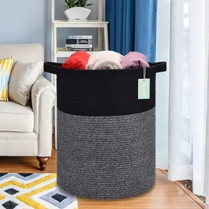 Panier à linge en corde de coton tissé noir et gris grand bac de rangement avec poignées maison